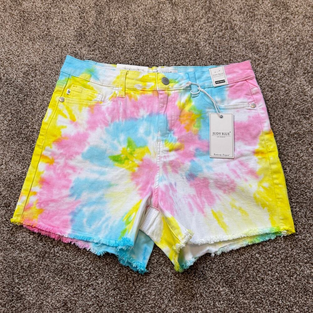 Judy Blue Tie Dye Cut Off Shorts NWT High Rise Medium Bright Beachy Summer Vaca